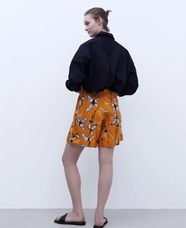 Adolfo Dominguez Pantalons*Bermuda Court A Imprimes En Lin Orange Imprime