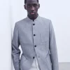 Adolfo Dominguez Vêtements D'Extérieur*Blazer A Col Mao En Coton Et Lin Bleu Marine Blanc