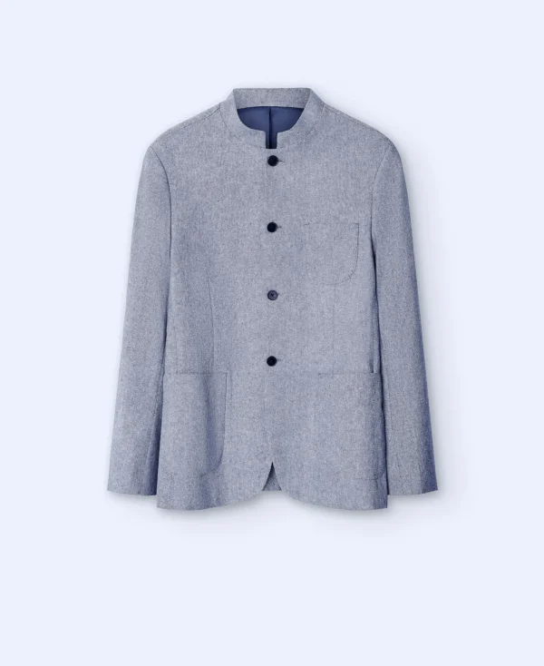 Adolfo Dominguez Vêtements D'Extérieur*Blazer A Col Mao En Coton Et Lin Bleu Marine Blanc