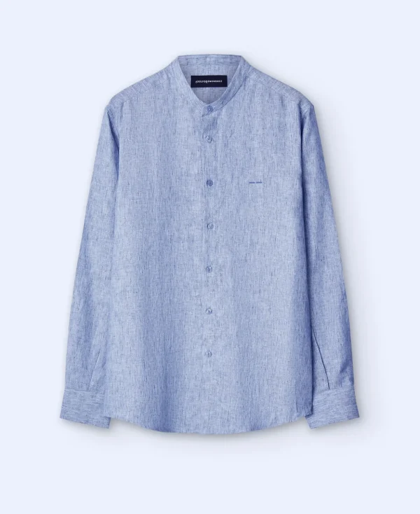 Adolfo Dominguez Chemises*Chemise A Col Mao En Lyocell Et Lin Bleu