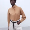 Adolfo Dominguez Chemises Et Tops*Chemise A Col Mao En Polyester Recycle Camel