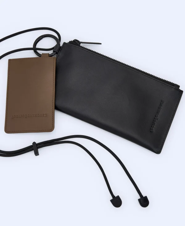 Adolfo Dominguez Housse De Portable*Pochette Porte-Telephone En Cuir Responsable Noir