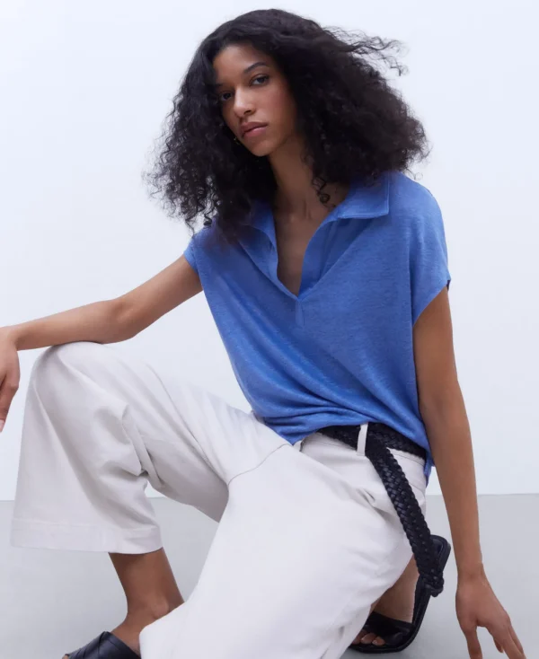 Adolfo Dominguez T-Shirts*Polo En Lin Europeen Bleu Intense