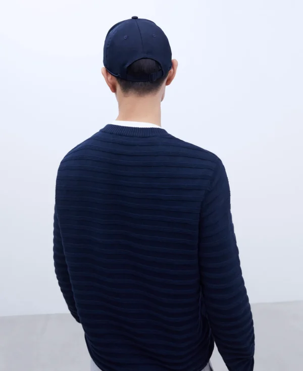 Adolfo Dominguez Mailles*Pull A Encolure Ronde Et Texture Rayee Bleu Marine