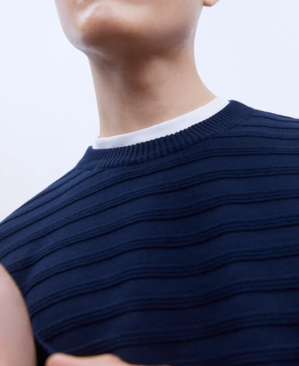 Adolfo Dominguez Mailles*Pull A Encolure Ronde Et Texture Rayee Bleu Marine