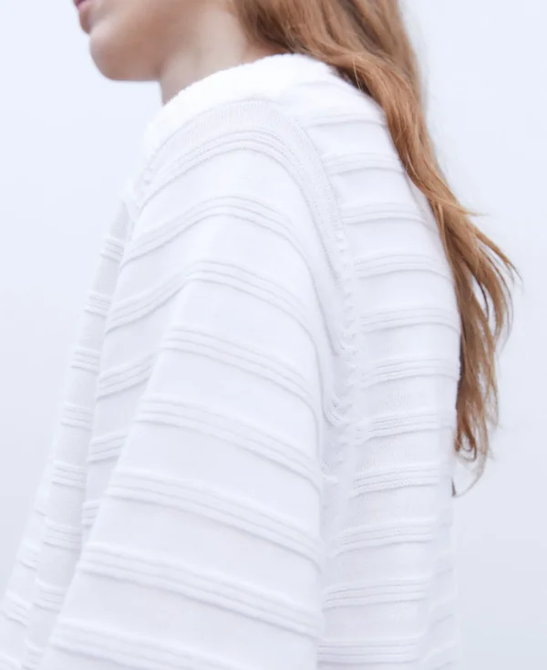 Adolfo Dominguez Mailles*Pull A Encolure Ronde Et Texture Rayee Blanc