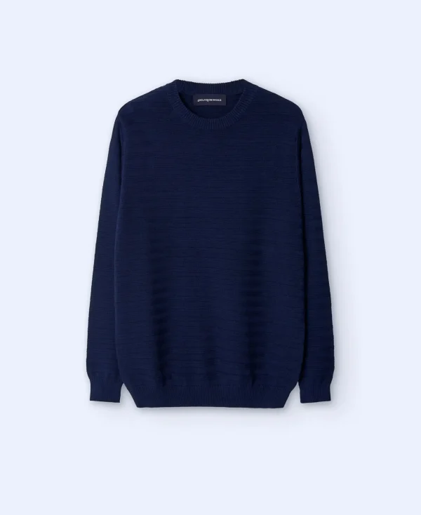 Adolfo Dominguez Mailles*Pull A Encolure Ronde Et Texture Rayee Bleu Marine