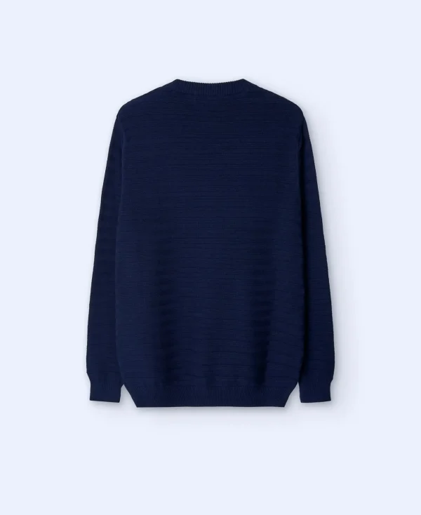 Adolfo Dominguez Mailles*Pull A Encolure Ronde Et Texture Rayee Bleu Marine