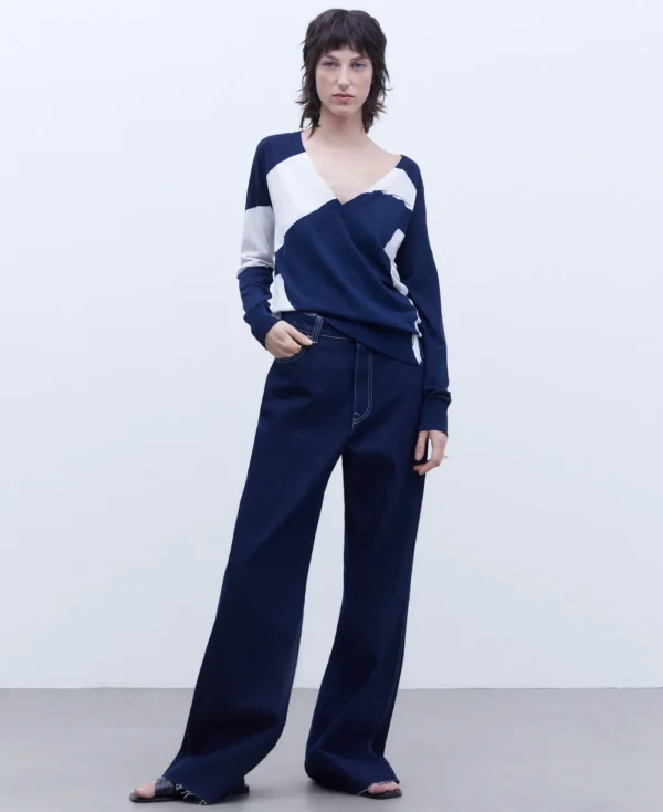 Adolfo Dominguez Maille*Pull Imprime A Encolure En V Bleu/Ecru