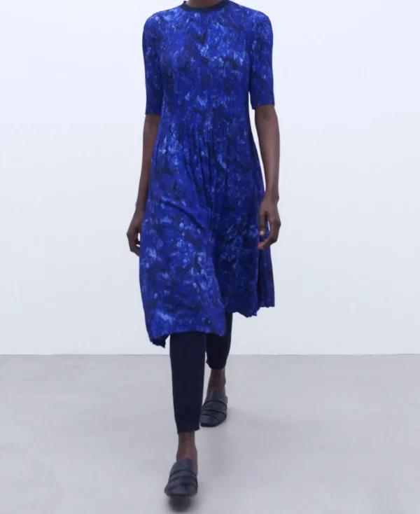 Adolfo Dominguez Robes & Combinaisons*Robe En Crinkle Imprime Bleu Imprime