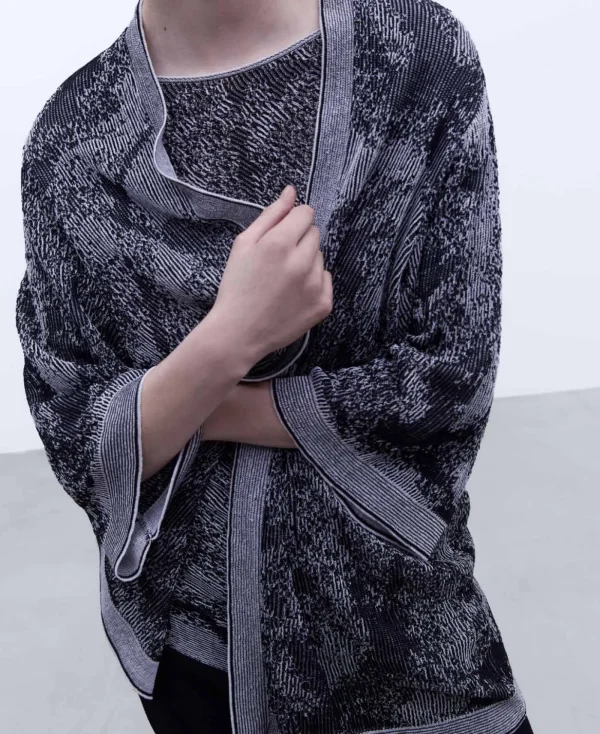 Adolfo Dominguez Maille*Veste Kimono En Coton Et Lin Noir/Creme