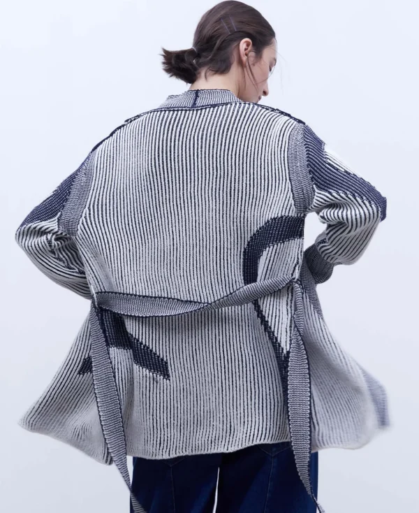 Adolfo Dominguez Maille*Veste Longue En Maille Intarsia Sable/Bleu Marine