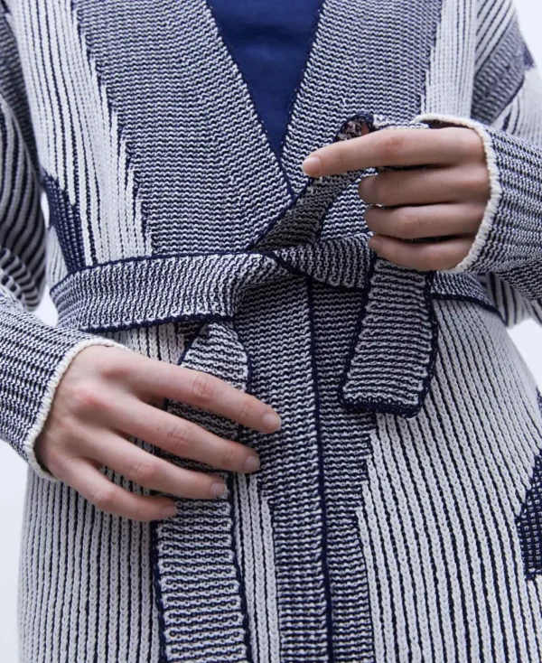 Adolfo Dominguez Maille*Veste Longue En Maille Intarsia Sable/Bleu Marine